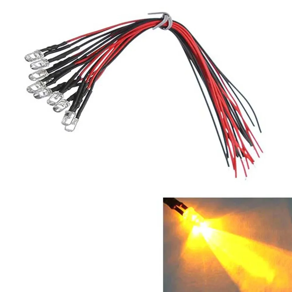 Ensemble d'ampoules à diode électroluminescente ambre pré-câblées, accessoires de remplacement de réparation de voiture, ligne de 20cm, 5mm, 12V DC, 10 pièces