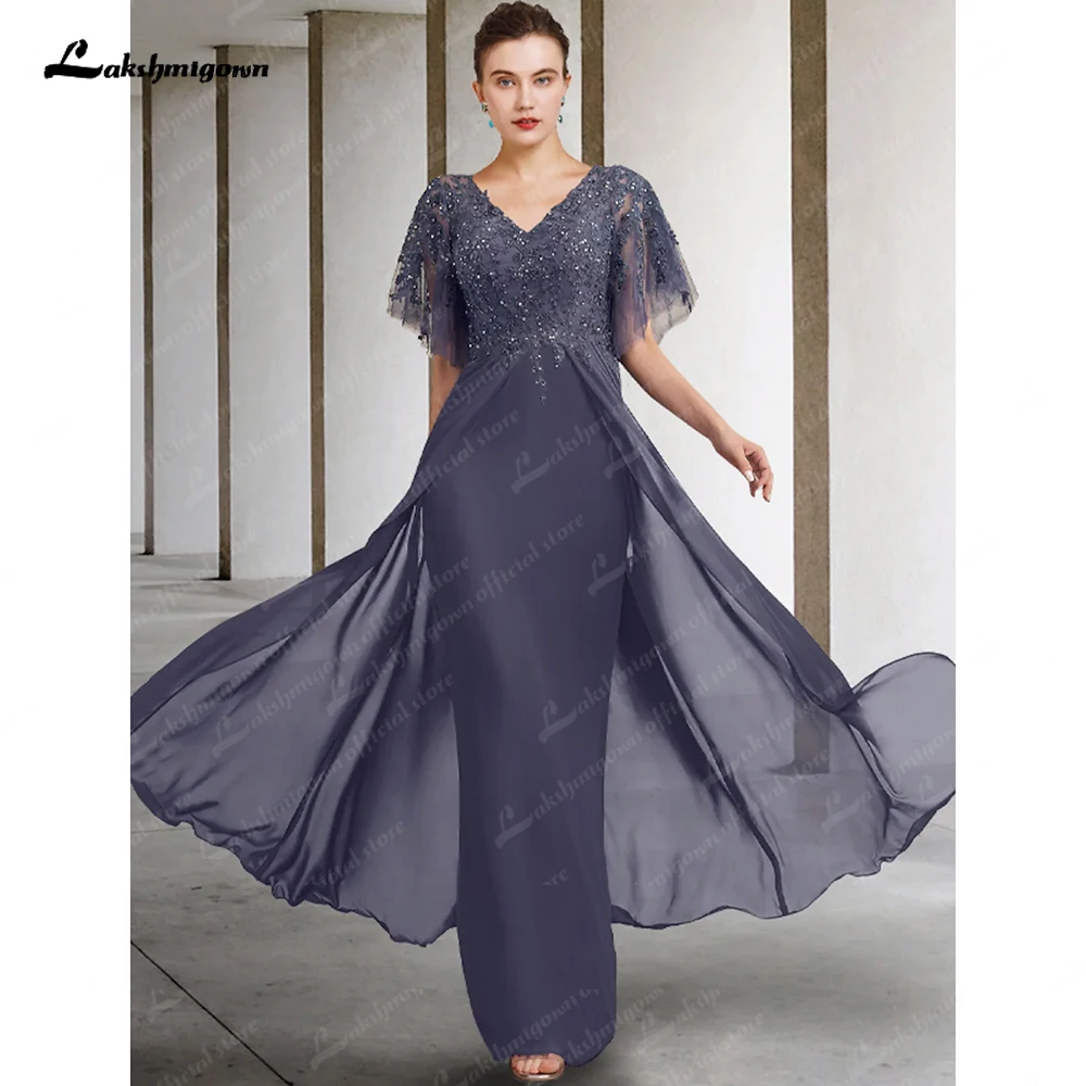 

Sexy Curve Mother of the Bride Dress Elegant V Neck Floor Length Chiffon Lace Short Sleeve with Beading Sequin Appliques 2023