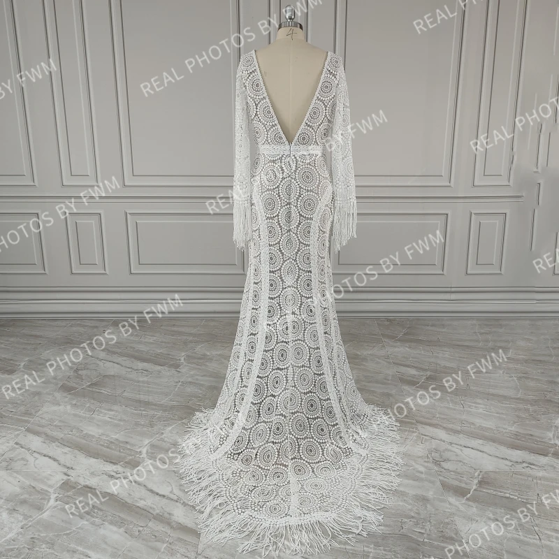 #9652 lange Ärmel Sexy Spitze V-ausschnitt Mantel Hochzeit Kleid Backless Strand Scheune Ranch Plus Größe Nach Maß 2021