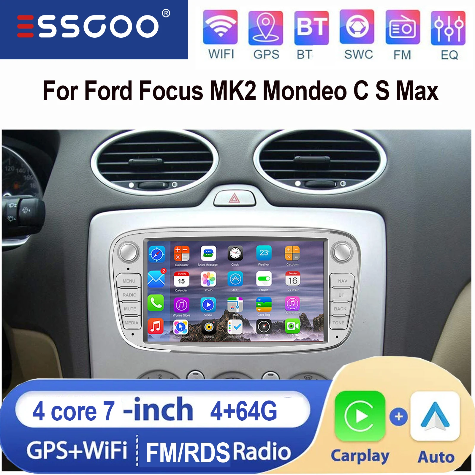 ESSGOO AI-bediening Android 15 7 inch IPS touchscreen display Draadloos Carplay Android auto Voor Ford Focus MK2 Mondeo C S Max Autoradio GPS-navigatie WiFi SWC Bluetooth USB Mirror link ASP Geluid