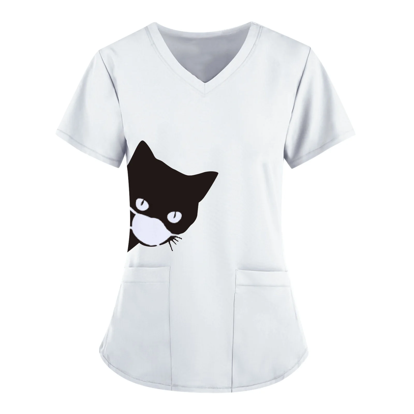 Women Scrub Top With Cat Cartoon Scrub Uniforms V-Neck Thin Nurse Tops For Women Short Sleeve Tees Blouse Healthcare T Shirt