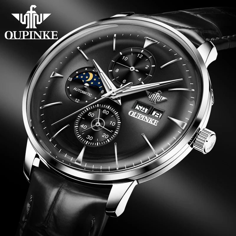 OUPINKE 3309 Orologio da uomo Originale di marca di lusso Movimento automatico Orologio meccanico Fasi lunari Design doppio calendario per uomo Data