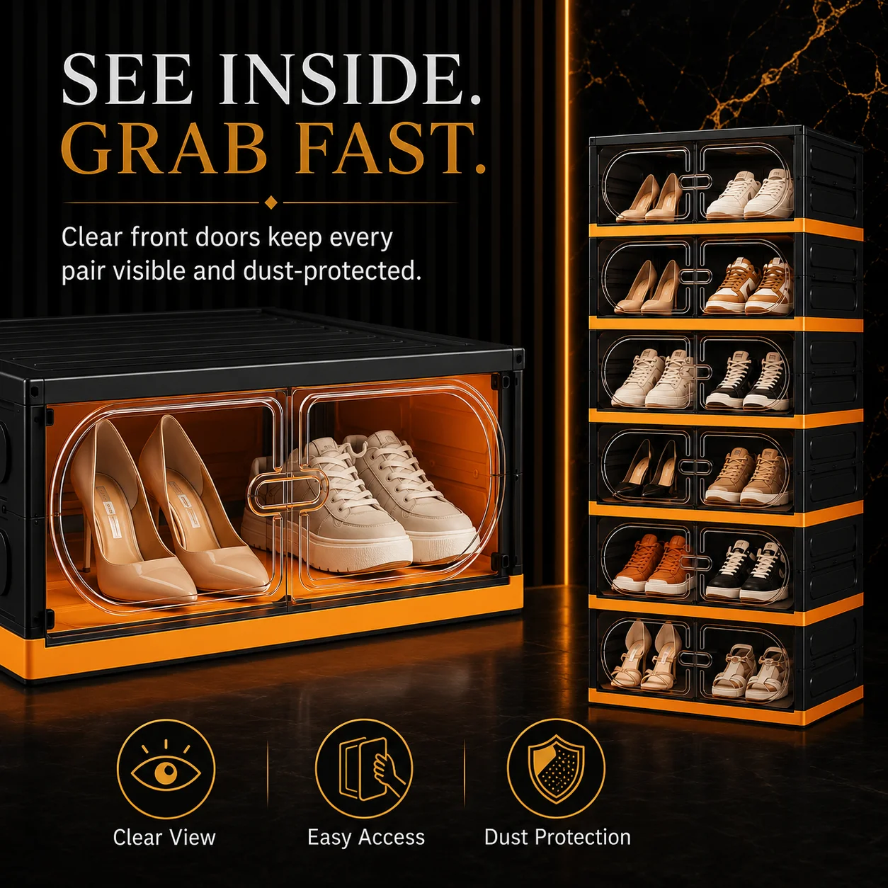 3/6/9-layer black and orange dual-color stackable shoe rack, stackable and foldable shoe cabinet with magnetic smoky transparent front door, easy to assemble without tools, foldable modular shoe storage box suitable for entryway, wardrobe, bedroom, dressi