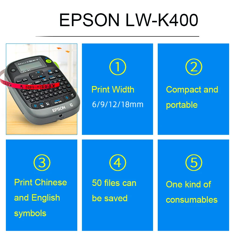 Epson Original Portable Label Printer LW-K400 Handheld Self-adhesive Barcode for 6/9/12/18mm SS12KW Tape Ribbon Home Use Office