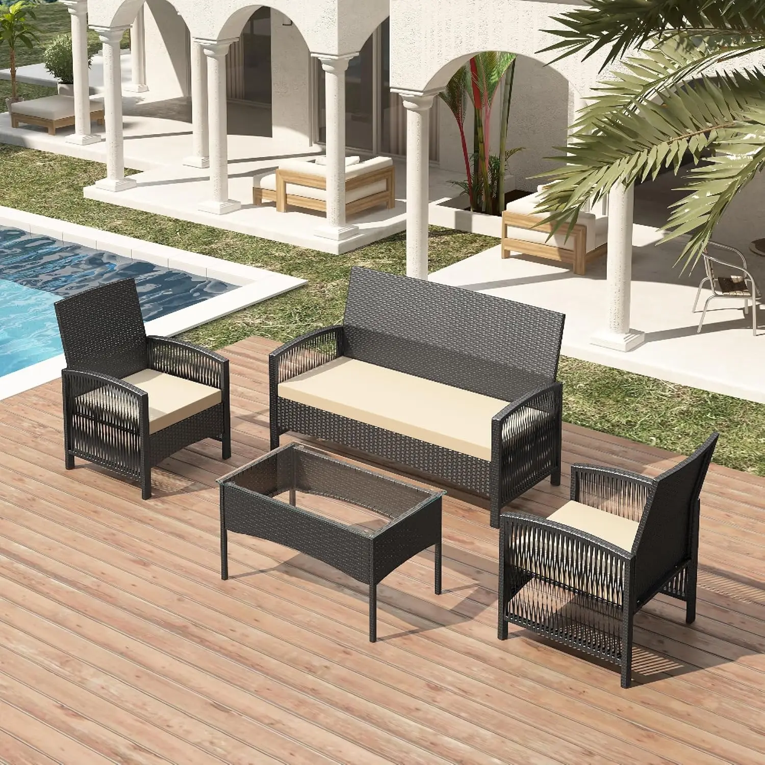 mcc direct 4Pcs Rattan Garden Furniture Set, Patio Rattan furniture sofa 2 Armchairs, 1 Loveseat Sofa and 1 coffee table  Sofia