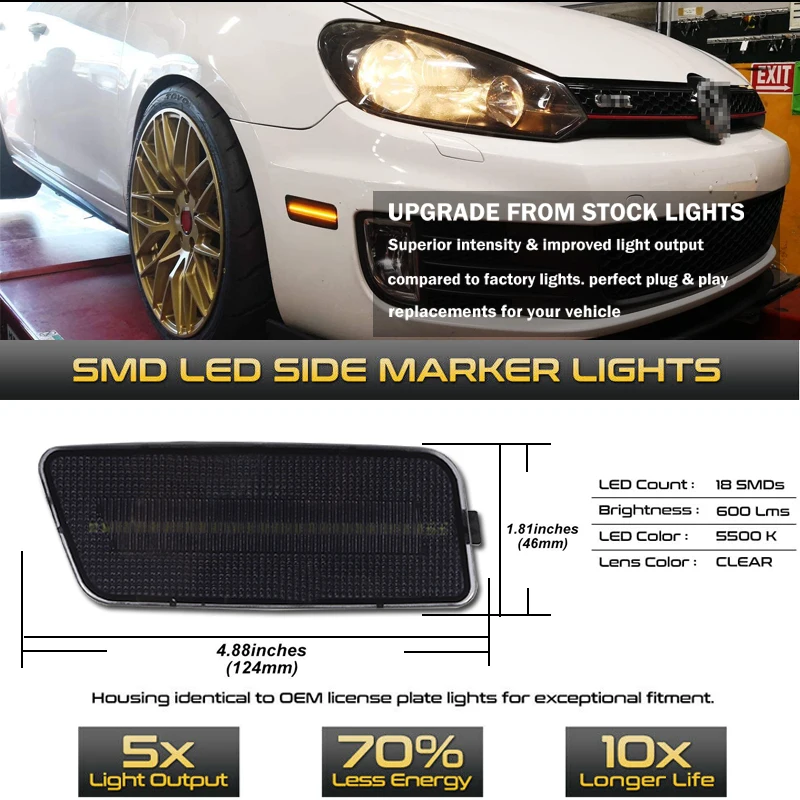 バンパーサイドマーカーライトアクセサリー,お好みのレンズ,t10,12v,信号灯,フォルクスワーゲンmk6,gti,2010-2014, 2個