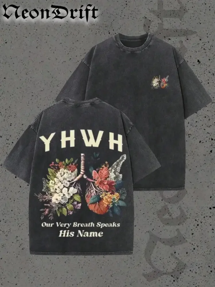 

Vintage Inspired Floral Lung Print Washed Tee Oversized Religious T Shirt With Our Very Breath Speaks His Name Slogan