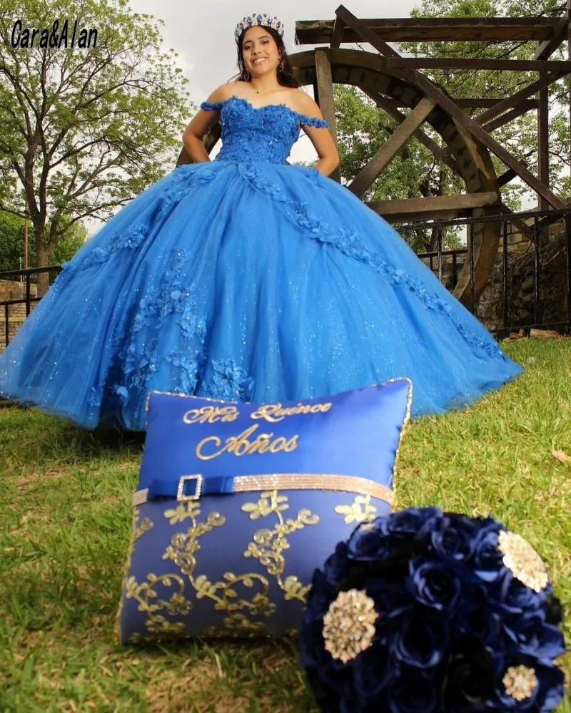 Cara & Alan-elegante vestido de quinceañera azul para niña, vestido de fiesta de 15 años, con apliques florales