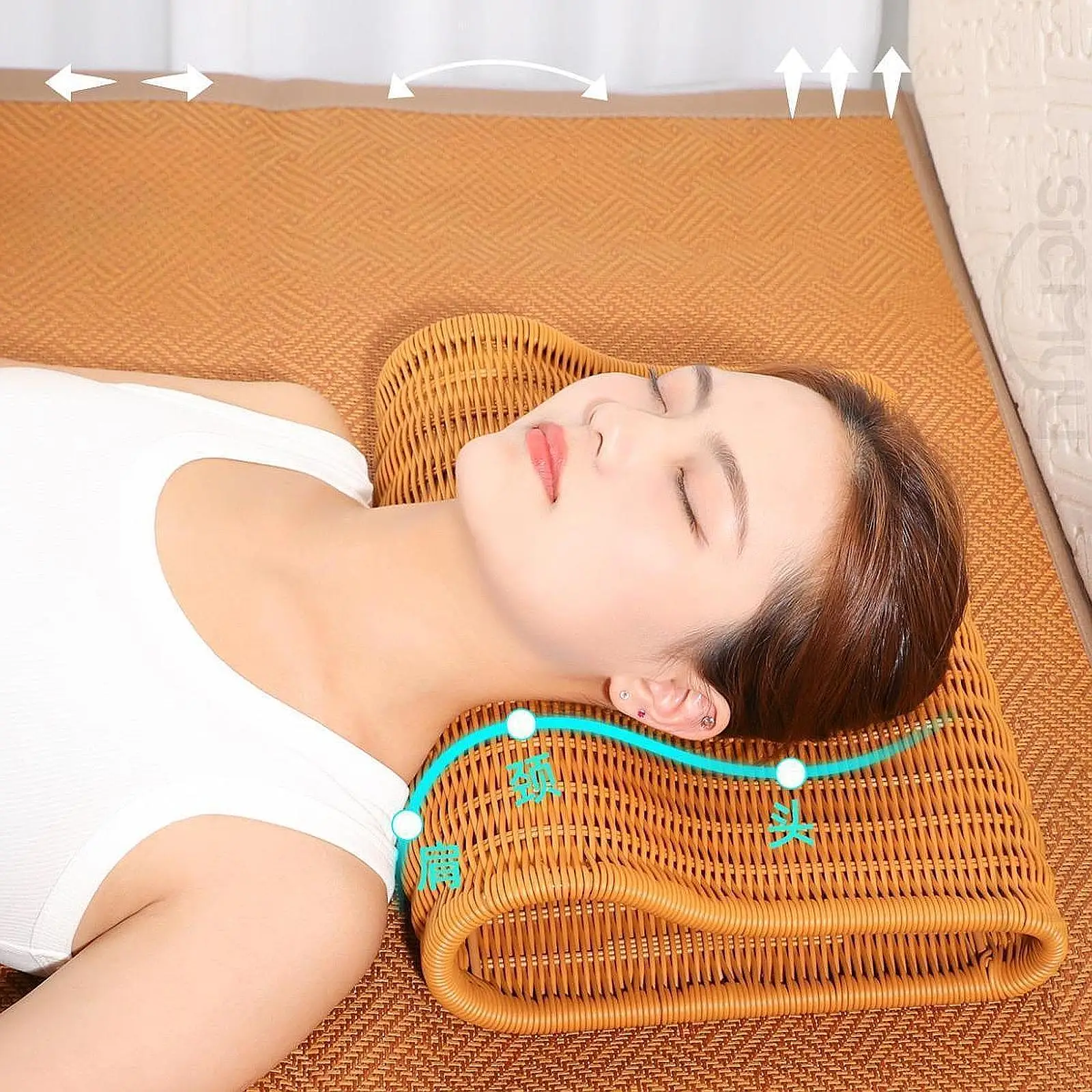 Ergonomic Curved Sauna Neck Pillow Natural Rattan Weave Cooling for Home Spa Bathtub Bed 2 Height Adjustment Pressure Relief