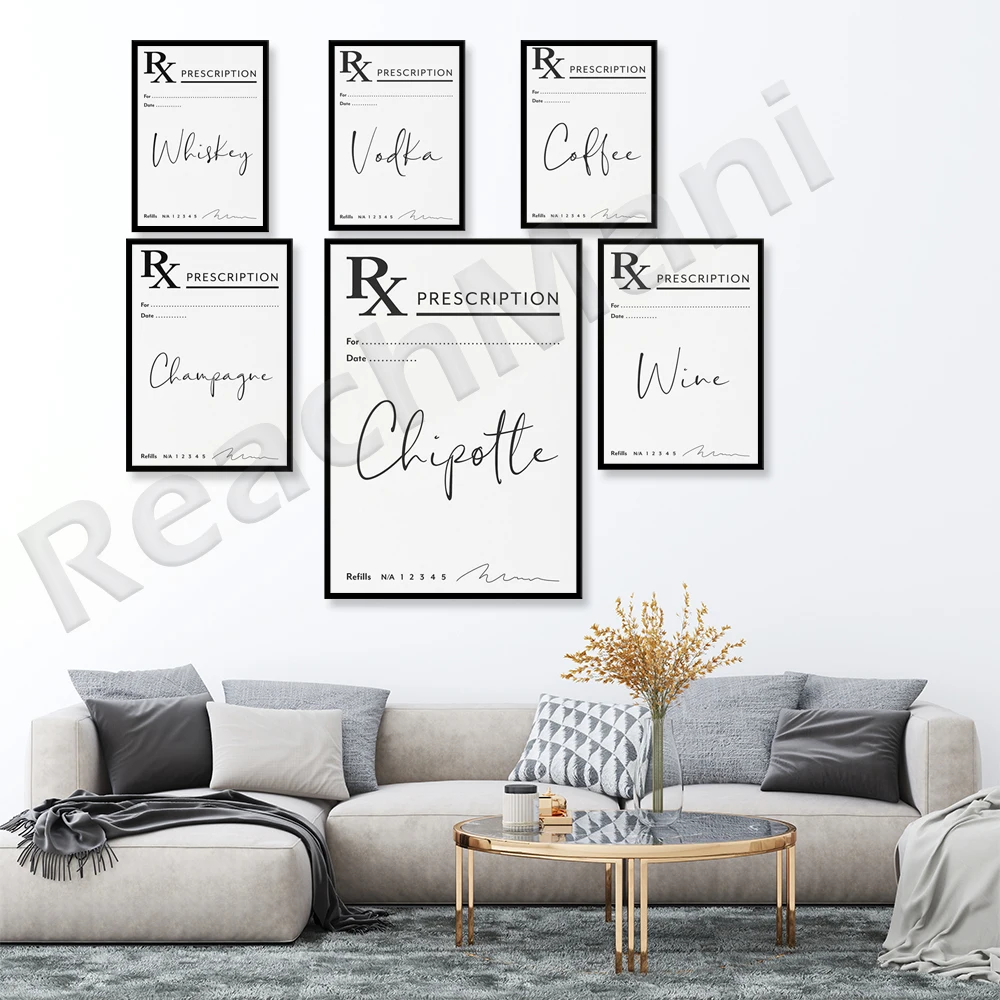 Champagne, tequila, coffee, vodka, memes, whiskey, wine prescription art, fun black and white print, minimalist poster