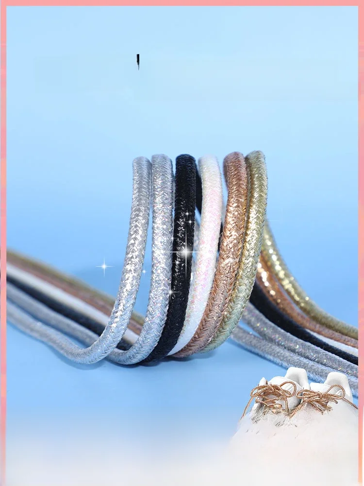 Lacets ronds à paillettes pour baskets, tendance, blanc brillant, coloré, Lurex, blanc, sport décontracté, chaussures de course en cuir