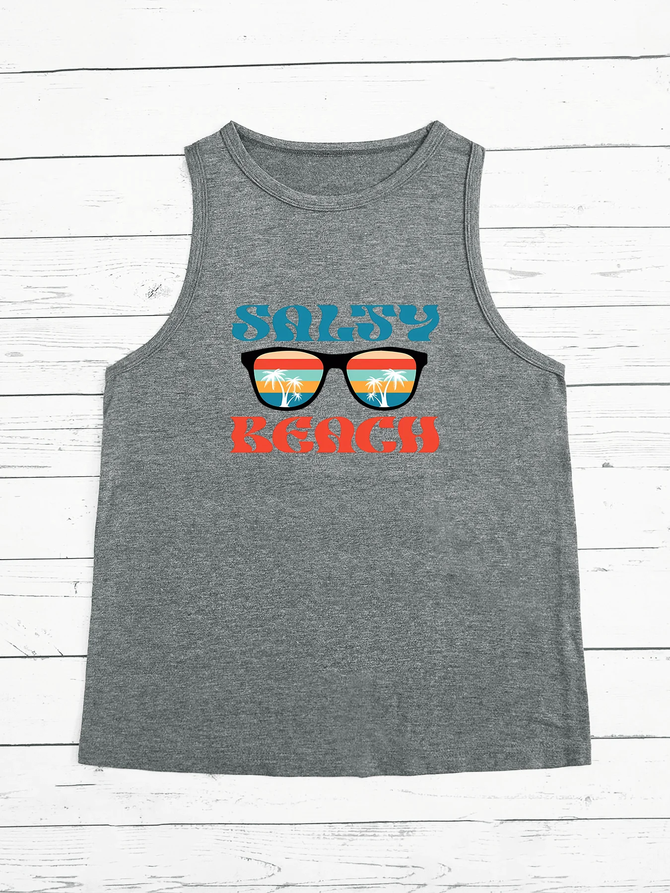 Funny Salty Beach Sunglasses Coconut Tree Summer Fashion Funny Sports Women's Tank Top Loose O Neck Sleeveless Casual Tank Top