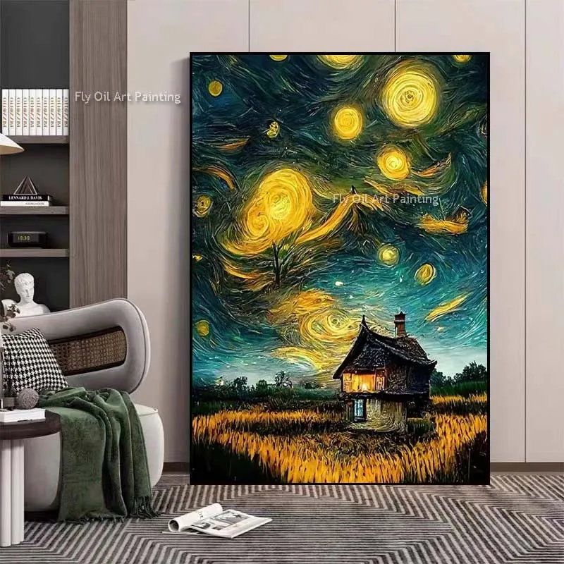 Cabin Under The Stars Oil Painting Hand Painted Night Starry Sky Canvas Painting Impression Wall Art Decor Unframed As Best Gift