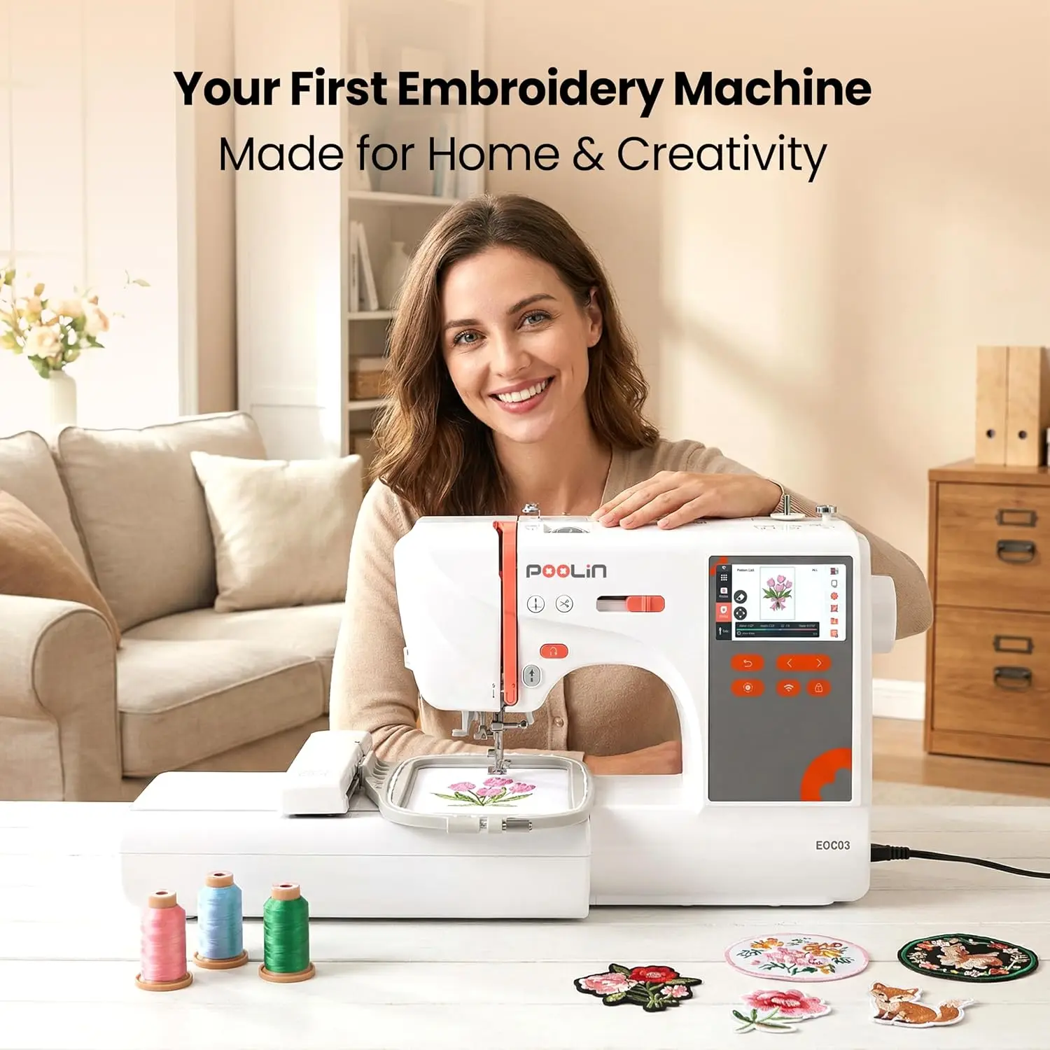 Poolin EOC03 Embroidery Machine Bundle – 80 Colors 800M Thread Set + 144pcs Prewound Bobbins + Soft Stitch Cover, Complete Starter Kit for Easy & Comfortable Embroidery