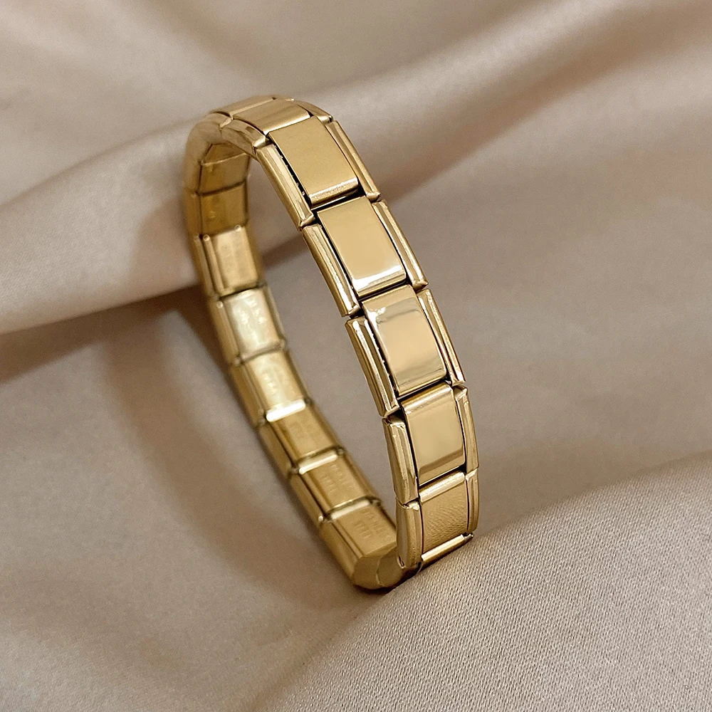 Italienisches Charm-Starter-Edelstahlarmband für Damen und Herren, dehnbares Armband, modulare Gliederkette, goldfarbener Armreif – Detail 1