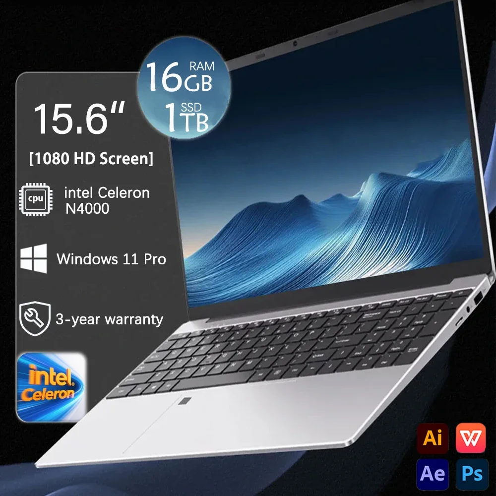Portátil de 15.6 pulgadas con desbloqueo por huella dactilar, Windows 11 Pro, Intel Celeron N4000, 16 GB de RAM, 1 TB SSD, portátil para oficina, PC