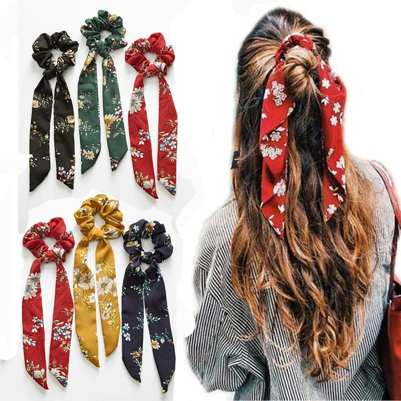 Nowa elastyczna opaska do włosów wstążka szalik z kokardą słodki nadruk Scrunchie damskie gumowe gumki do włosów dziewczęce akcesoria do włosów — zdjęcie 2