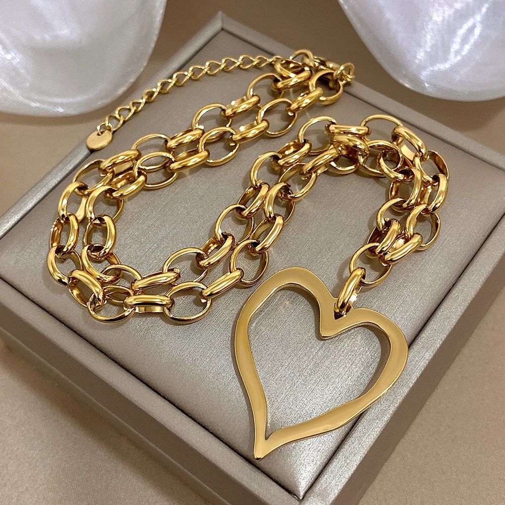 

Freetry Trendy Hollow Out Big Love Heart Pendant Necklace for Women New Stainless Steel Thick Chain Necklace Waterproof Jewelry