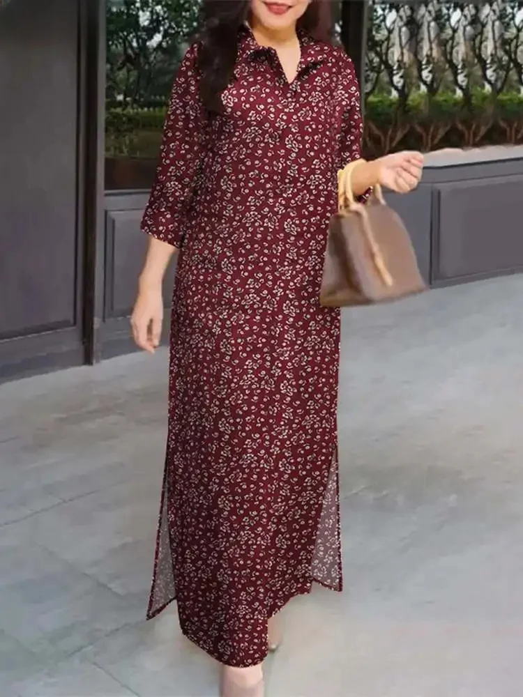 ZANZEA Women Side Slit Vestidos 3/4 Sleeve Turn-down Collar Casual Floral Printed Maxi Dress Autumn Daily Commute Shirtdress — zdjęcie 2
