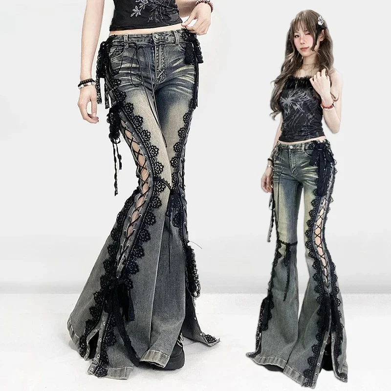 REDDACHiC Eyelets Lace Up Flare Jeans Retro Stitch Lace Whiskers Slim Low Rise Split Bootcut Pants Women Bell Bottoms Streetwear — zdjęcie 2