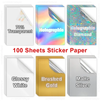 100 דפים נייר מדבקה להדפסה בצבע לבן מבריק, עמיד למים, A4, נייר העתקה שקוף, תווית דביקה למדפסת דיו