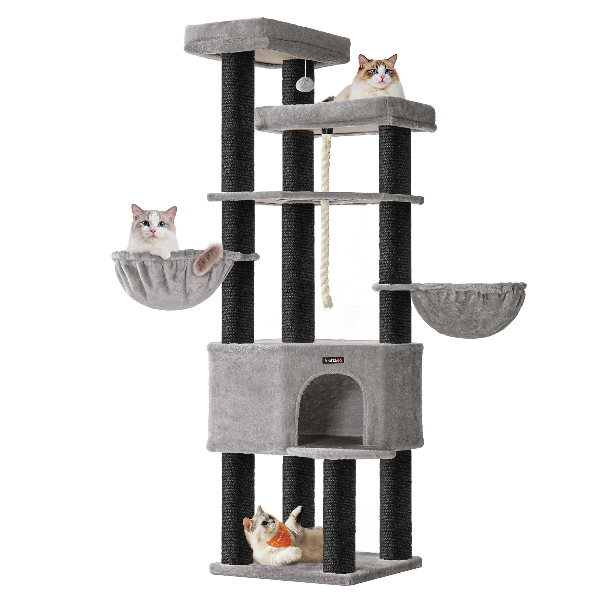 Feandrea krabpaal, kattenboom met meerdere verdiepingen, XXL, 55x55x186,7 cm, 11 cm D-dikte sisal trunks