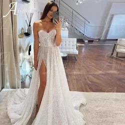Sexy Strapless Side Split Wedding Dresses Glitter A-line Bridal Gown customized Summer Beach Vestidos De Novia свадебное платье