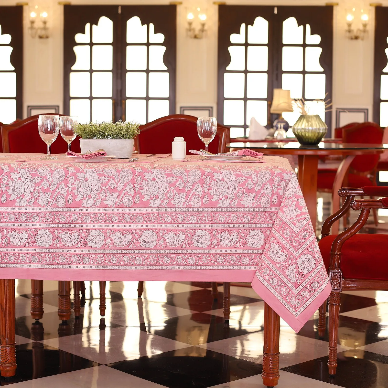 Pink Rose Floral Block Print tablecloth, Indian Cotton Table Cover, Rectangle Table Cloth, Table Cloths, Farmhouse Table Linen