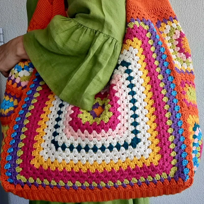 Colorful Checked Granny Square Big Shoulder Bag Boho Hippie Handbags For Women High-Capacity Cute Purse For Summer Beach