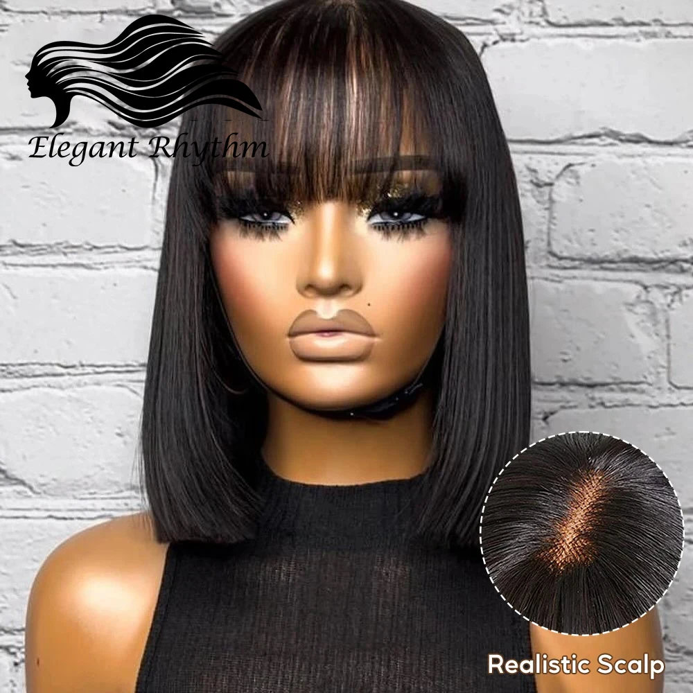 

Lace Scalp Straight Bob Human Hair Wigs With Bangs 10 12 Inch 180 % Density Glueless HD Lace Short Bob Wigs for Black Women