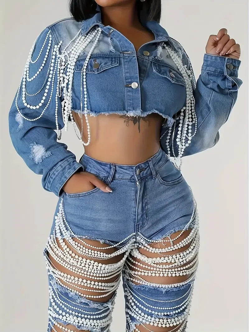 【HME】Ptorlio Denim Jacket for Women Cropped Pearls Blue Jean Jackets Trendy Short Coat Clubwear Teaser Cropped Denim Jacket