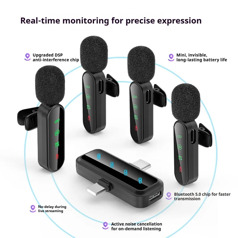 ميكروفون وردي 1 في 4 من Lavalier مزود بخاصية إلغاء الضوضاء لاسلكيًا مع ميكروفون لطية صدر السترة لكاميرا iPhone وAndroid وشاشة LED
