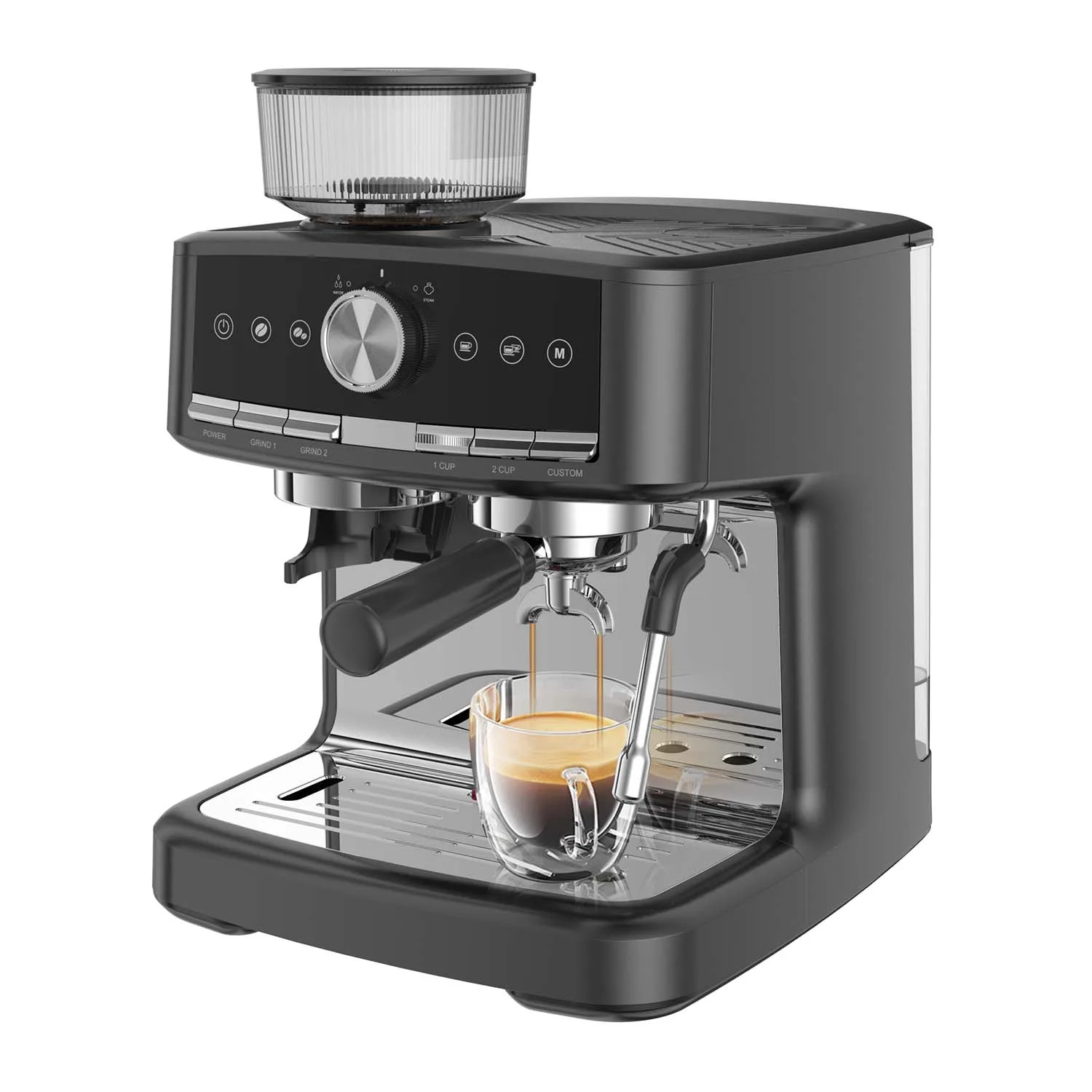 HiMISS 15 Bar Espressomaschine mit Milchaufschäumer und Mahlwerk, 30 Mahlgradstufen, Cappuccino- und Espresso-Kaffeemaschine