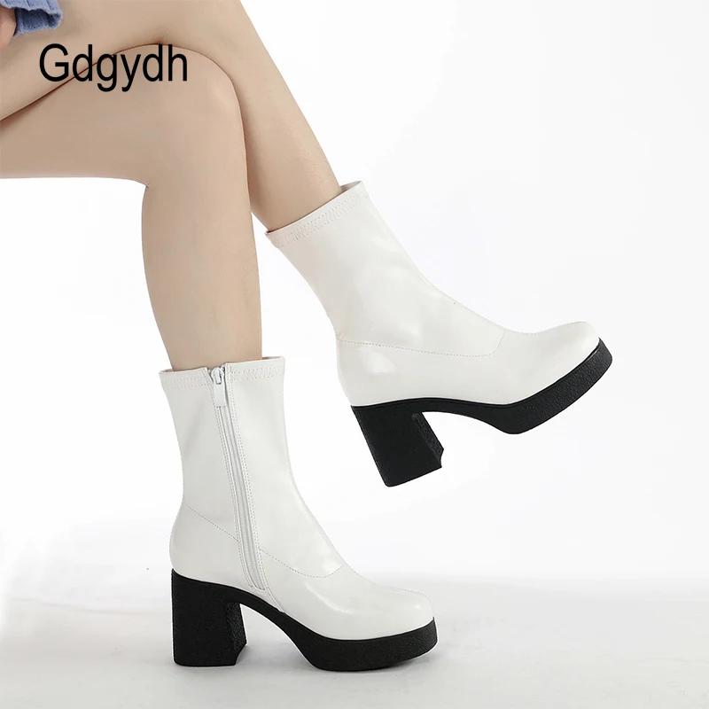 Gdgydh Women\'s Sock Boots Chunky Heels Platform Ankle Boots Winter Warm Lined Square Toe Leather Gogo Boots Mid Calf Side Zipper