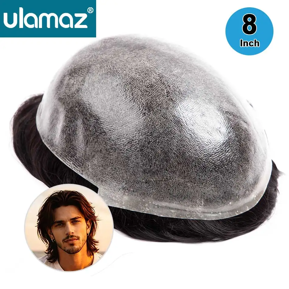 Injection Skin Male Hair Prosthesis Knotless Hair System For Man Natural Human Hair Toupee Wig Man 0.08mm Pu Men's Wigs 8