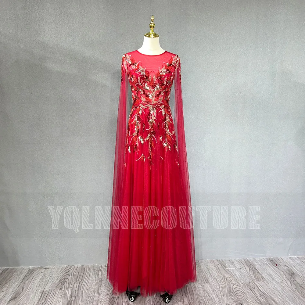 

YQLNNE Red Crystals Long Evening Dresses Dubai Handmade Tulle Sequins Beaded For Women Party Gown