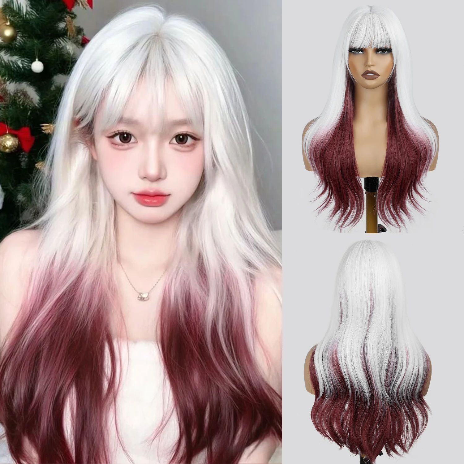

White gradient red wig with bangs, 26 inches, heat-resistant synthetic fiber, suitable for holiday parties and cosplay.