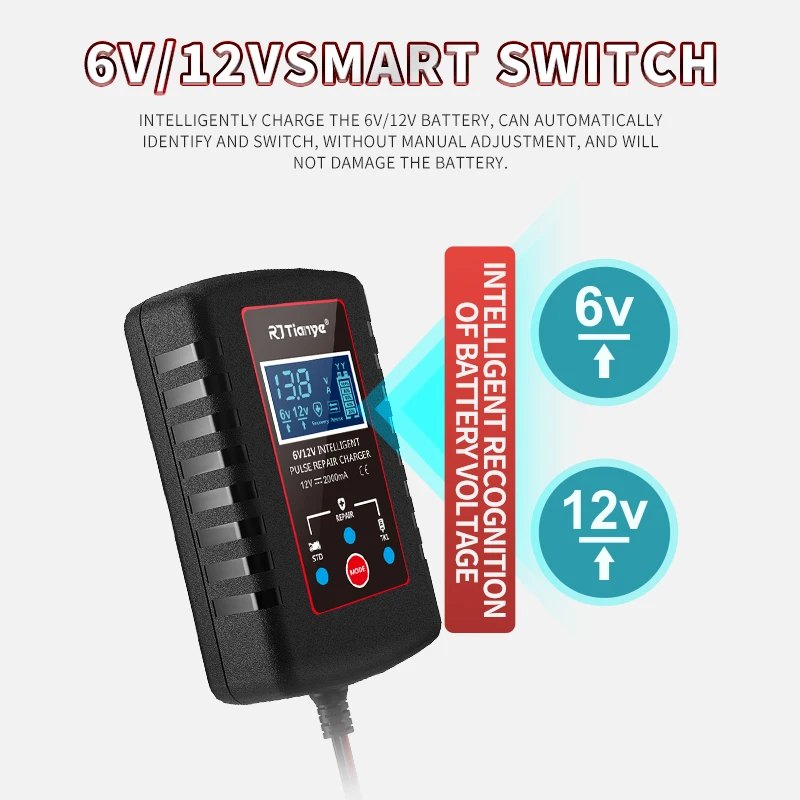 Chargeur de batterie de voiture intelligent 6V/12V, pour moto, avec écran LCD numérique, réparation automatique, plomb acide, humide et sec