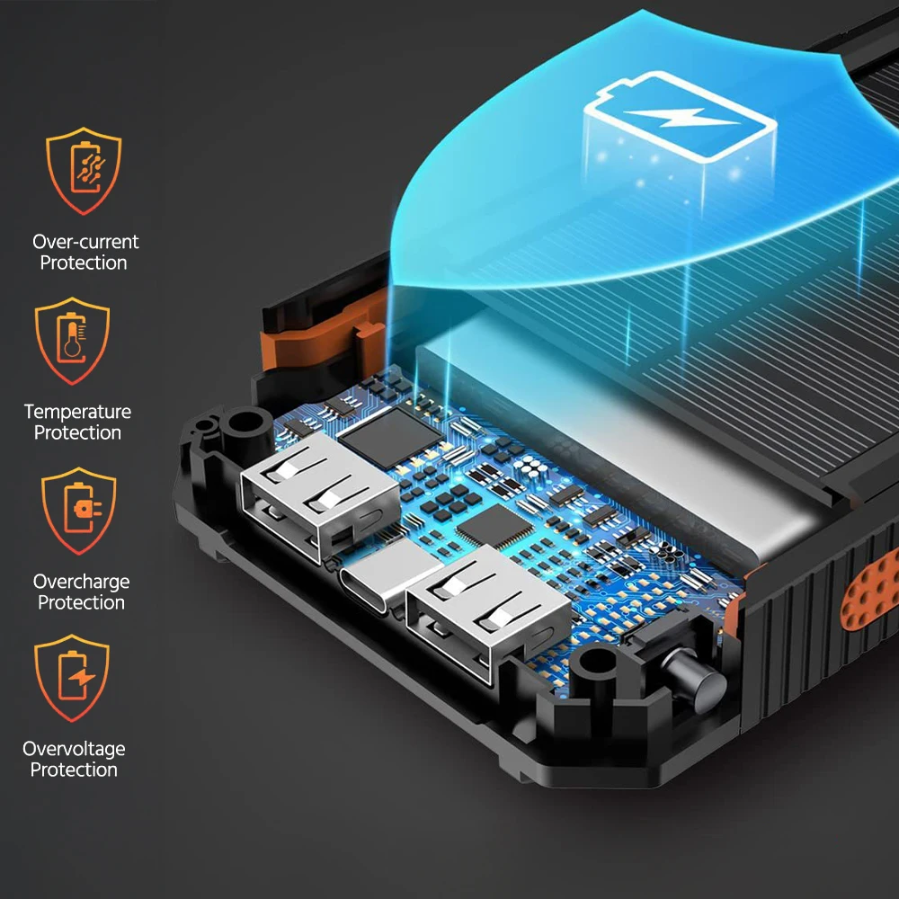 بنك الطاقة الشمسية المحمول 20000mAh شاحن الهاتف المحمول سعة كبيرة مع مصباح يدوي بنك الطاقة في حالات الطوارئ في الهواء الطلق للهواتف