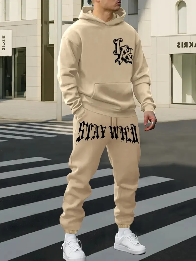 

The 2025 autumn new 3D letter printed outdoor sporty style fashionable casual men's hooded sweatshirt and sweatpants set