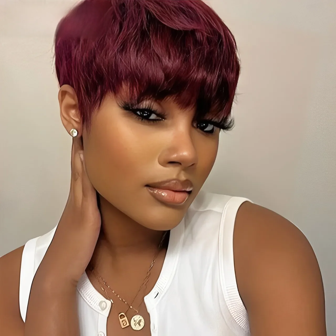 Lekker Gekleurde Korte Pixie Cut Rechte Bob 100% Menselijk Haar Pruiken Met Pony Voor Vrouwen Braziliaanse Remy Haar Bordeaux Rood Opruiming - afbeelding 2