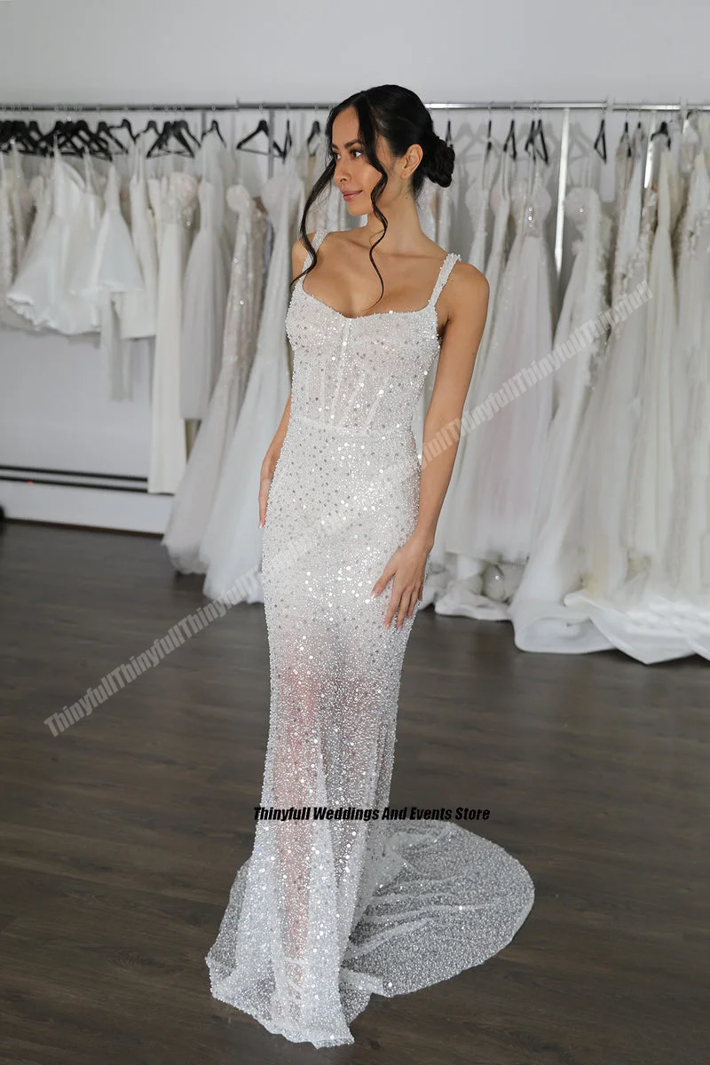 Thinyfull Glitter Mermaid Wedding Dresses Sweetheart Sleeveless Sequined Women Bridals Gowns Bridal Party Gown vestidos novia