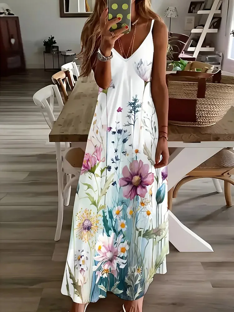 Hawaiian Vacation Travel Sexy V-neck Suspender Flower Dress Fresh Small Floral Street Fashion Sexy Party Dinner Evening Dress