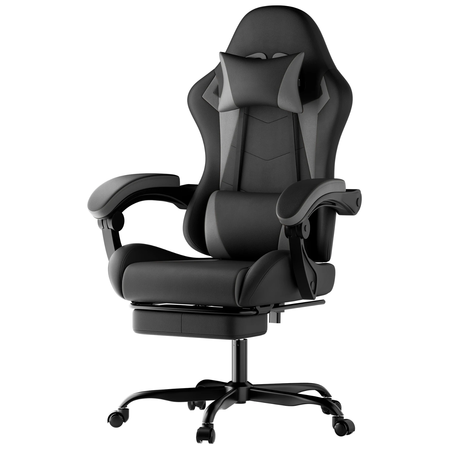 Chaise de jeu ergonomique avec support lombaire et appui-tête, réglable en hauteur, pour adultes, filles et garçons, noir et gris