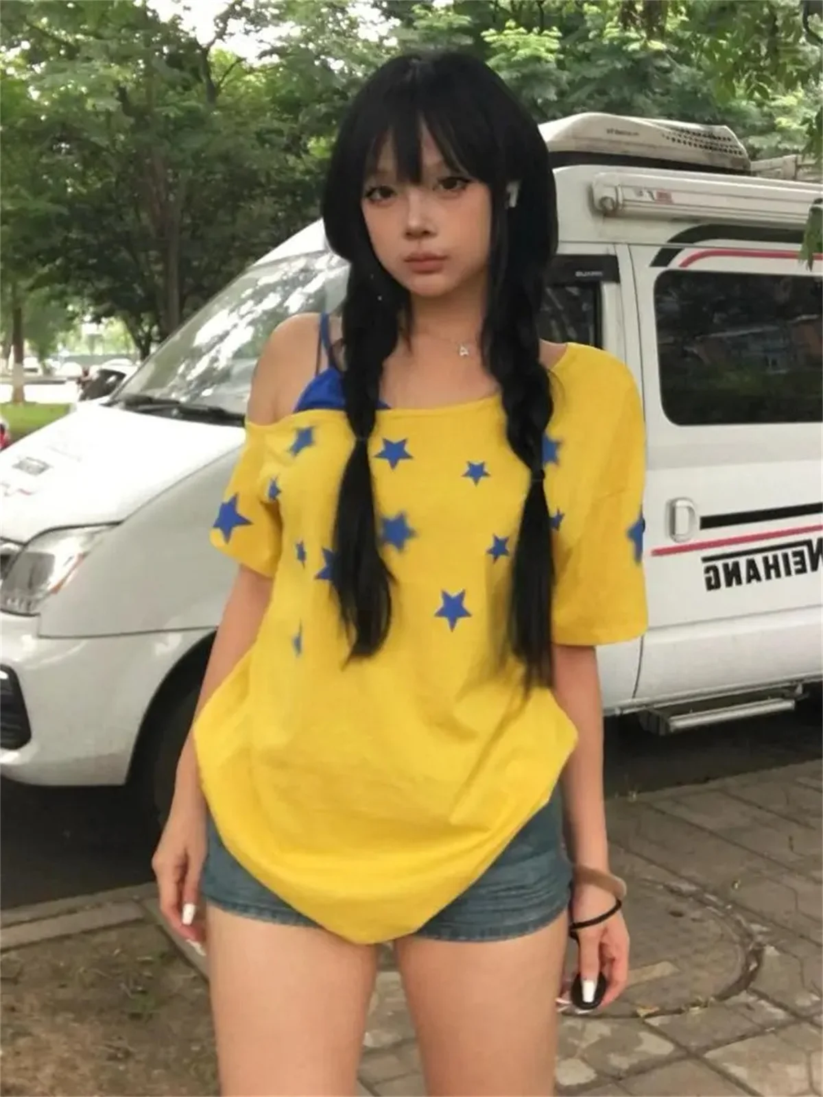 Fashion Yellow Patchwork Women's T-shirt Short Sleeve Summer Tops American Retro Skew Collar Graphic Tee 2000s Clothes Y2k