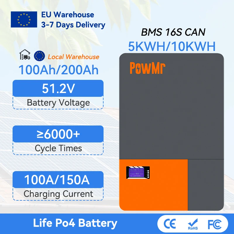 PowMr Powerwall 200Ah 100Ah 51.2V LiFePO4 Batteries 5kWH 10kWH ≥6000 Cycles Times BMS RS485 CAN 16S For Home Lithium Battery