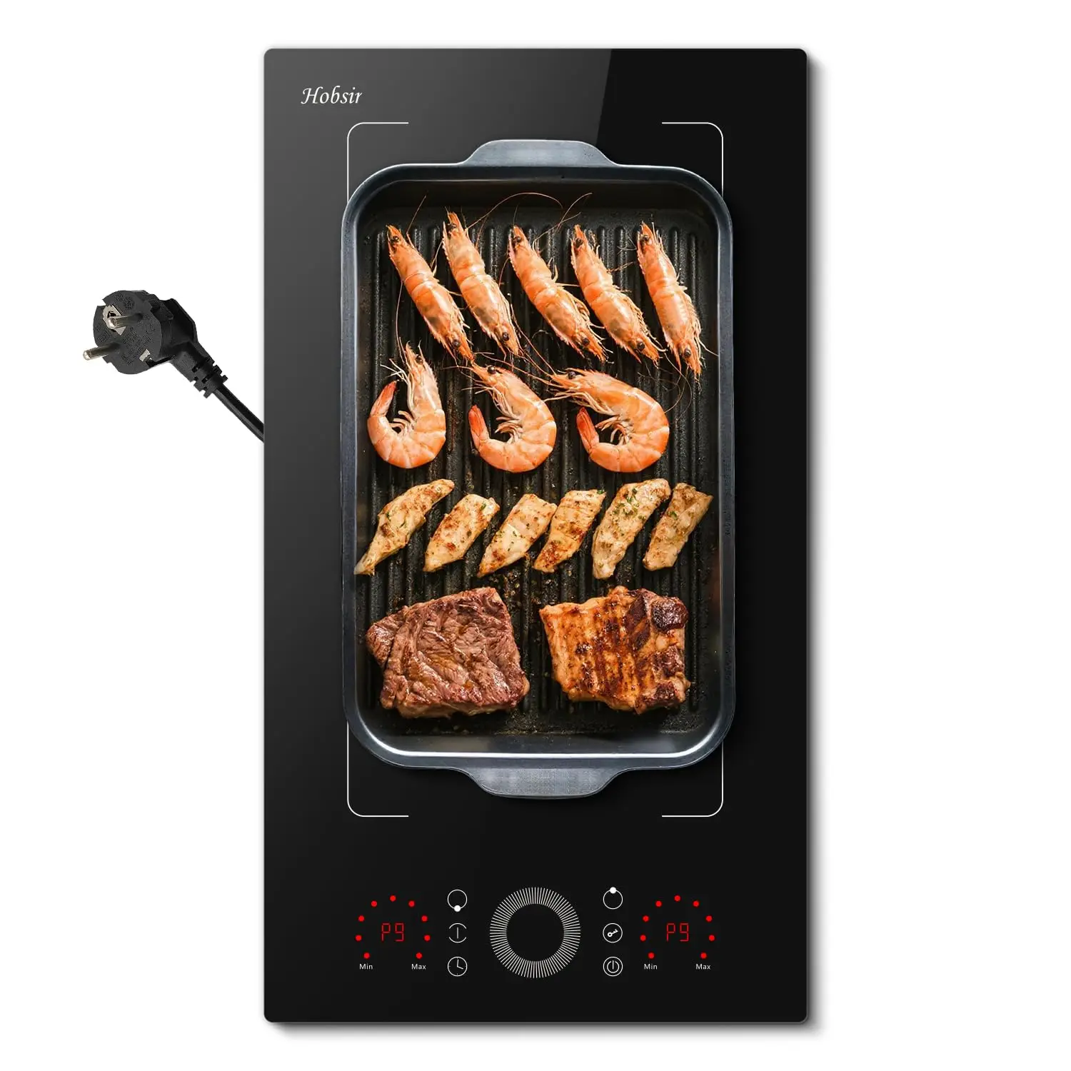 Placa de Inducción Hobsir de 2 Fuegos con Enchufe, Placa de Inducción de 2 Zonas de 30 cm Empotrable, 3500 W, Control Deslizante Redondo, Zona Flexible 220 V