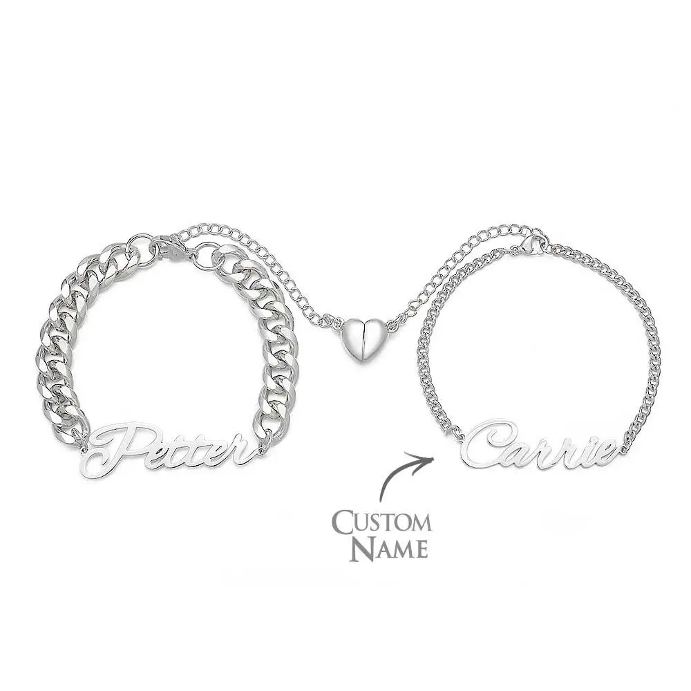 Personalized Couple Bracelet Custom Name Magnetic Heart Matching Bracelet Stainless Steel Jewelry For Women Men Romantic Gift