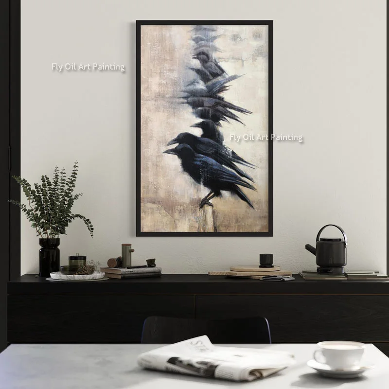 Crows Resting On A Telephone Pole Oil Painting Handmade Natural Animal Canvas Painting Bird Artwork For Room Wall Decor Unframed