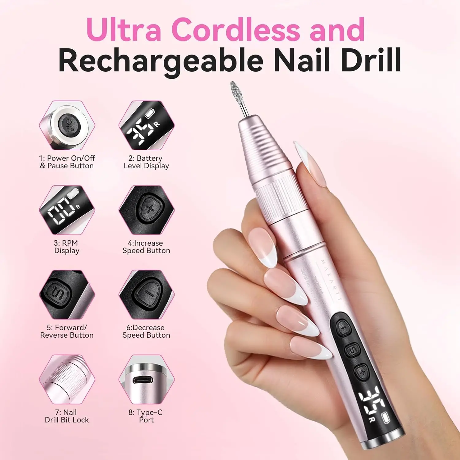 مثقاب أظافر كهربائي من ماكارت - قابل لإعادة الشحن بقدرة 35000 دورة في الدقيقة، مجموعة أدوات مثقاب أظافر لاسلكية وآلة أظافر #3